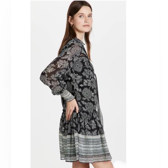 Veronica Beard Black White Floral Silk Dress Lined Long Sleeve Bow Ruffle - Picture 4 of 10